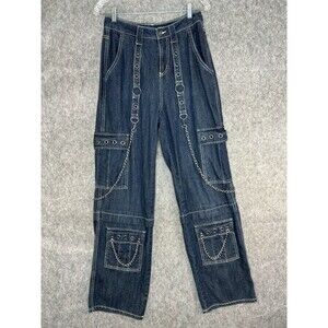 Hot Topic Strap Cargo Blue Jeans Women’s Size 5 Y2K Silver Chains Grommets